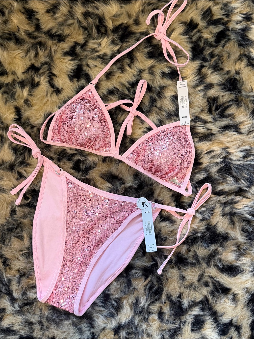 Vs Pink Swim Sequin Pink Triangle Tie Bikini Mediun